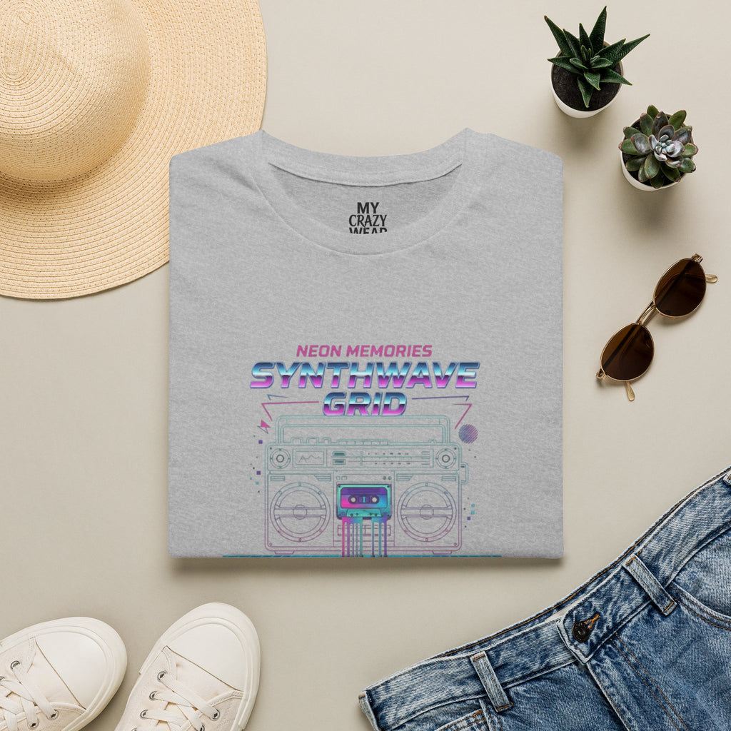 Synthwave Grid T-Shirt — Retro Neon Boombox Tee ("Neon Memories")