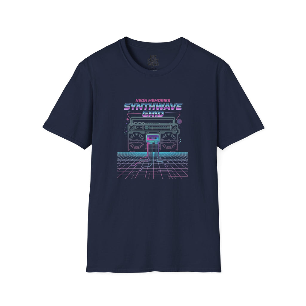 Synthwave Grid T-Shirt — Retro Neon Boombox Tee ("Neon Memories")