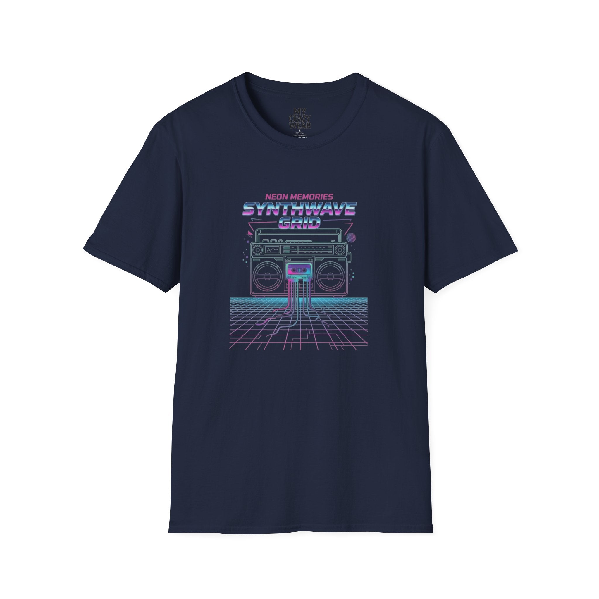 Synthwave Grid T-Shirt — Retro Neon Boombox Tee ("Neon Memories")