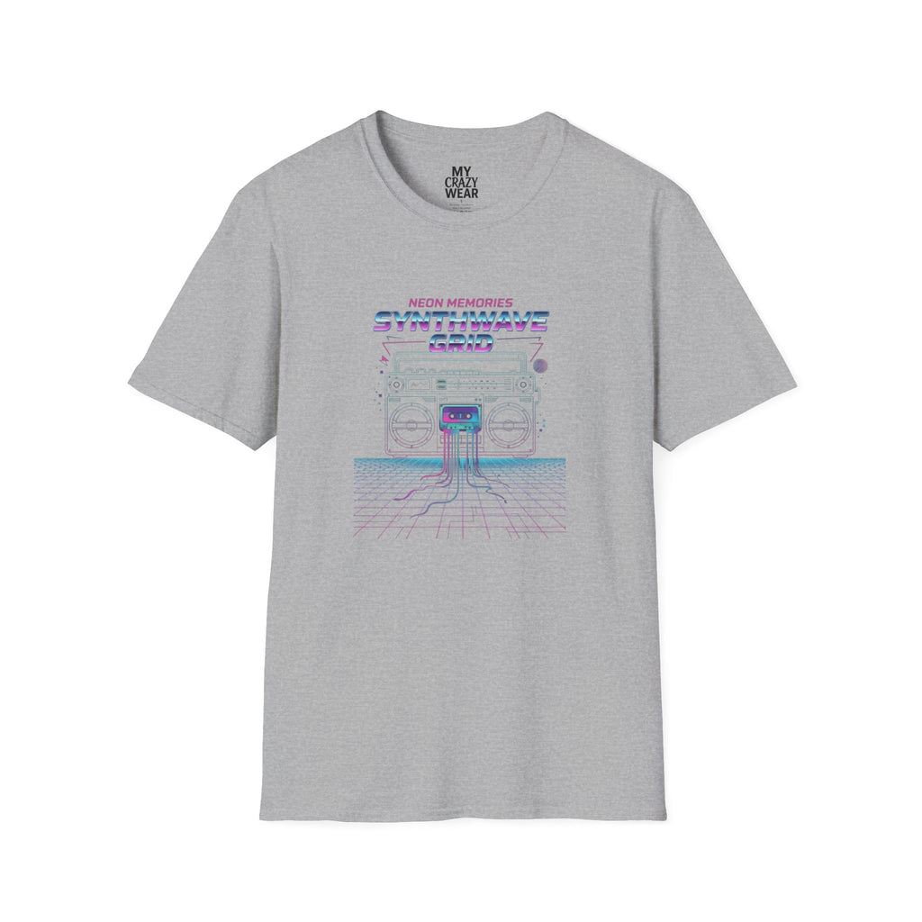 Synthwave Grid T-Shirt — Retro Neon Boombox Tee ("Neon Memories")