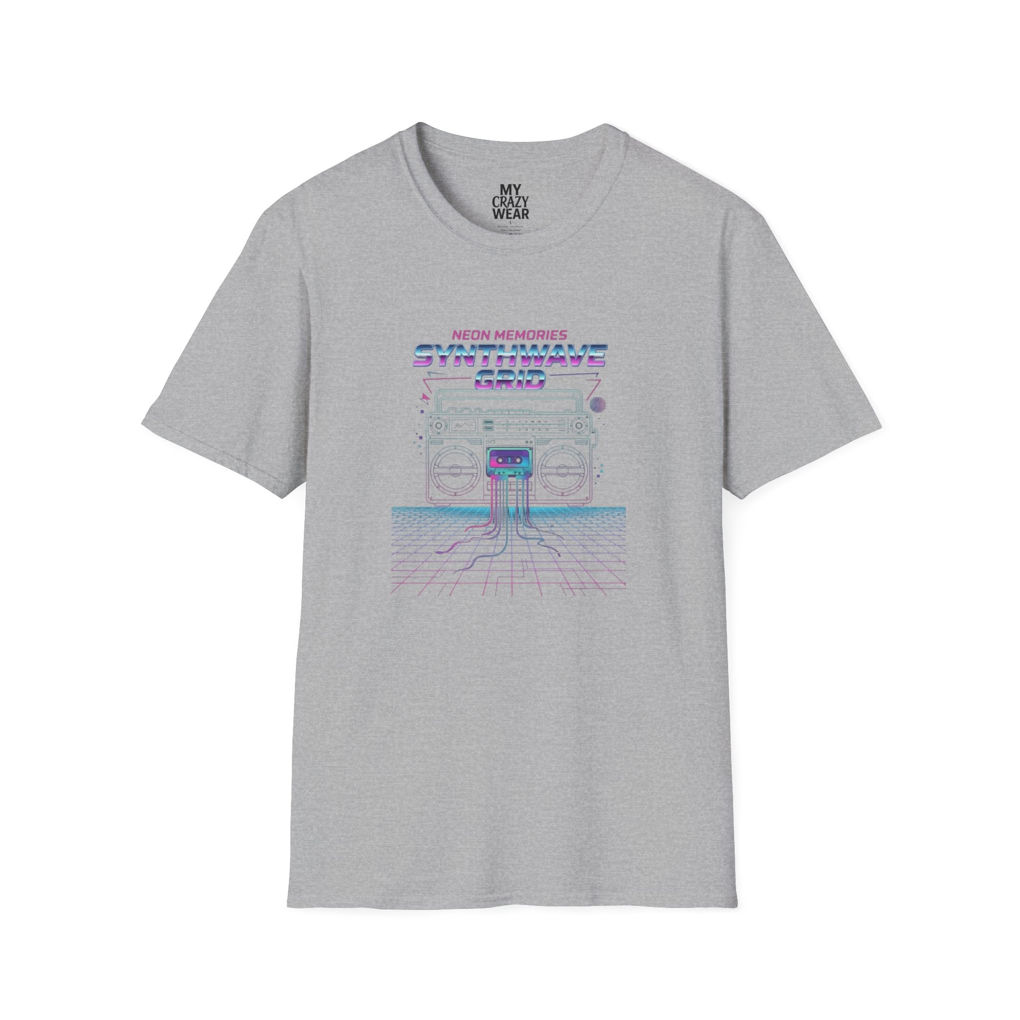 Synthwave Grid T-Shirt — Retro Neon Boombox Tee ("Neon Memories")