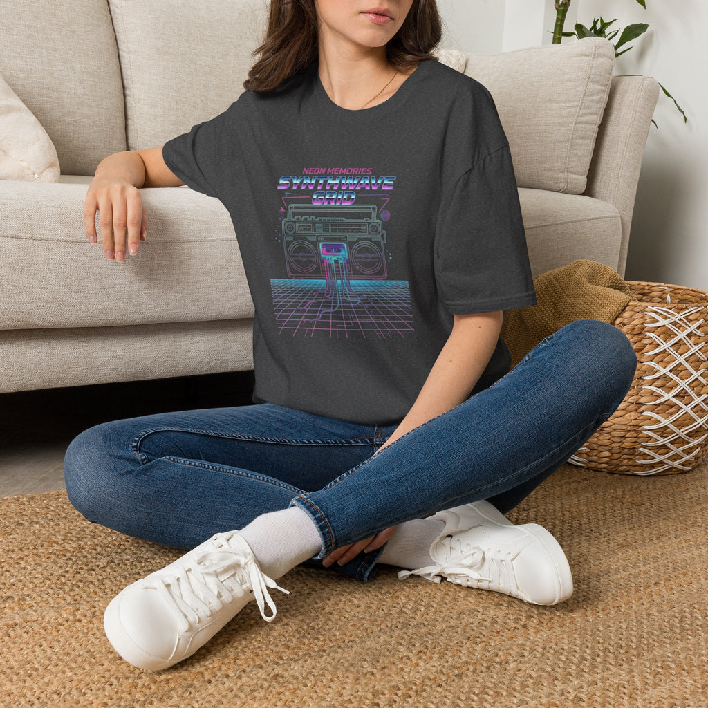 Synthwave Grid T-Shirt — Retro Neon Boombox Tee ("Neon Memories")