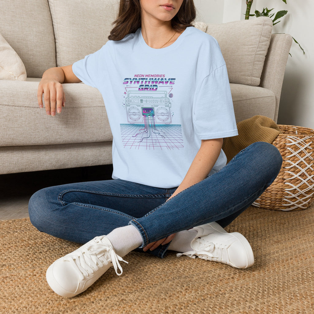 Synthwave Grid T-Shirt — Retro Neon Boombox Tee ("Neon Memories")