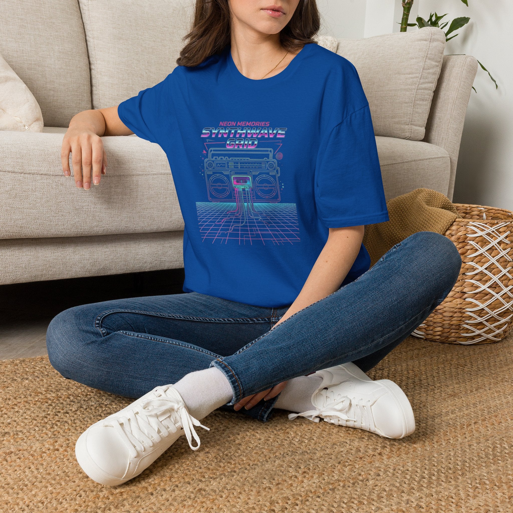 Synthwave Grid T-Shirt — Retro Neon Boombox Tee ("Neon Memories")