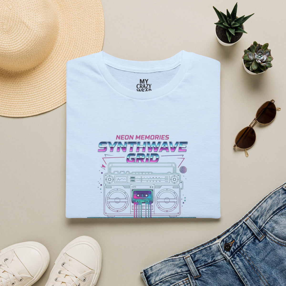 Synthwave Grid T-Shirt — Retro Neon Boombox Tee ("Neon Memories")