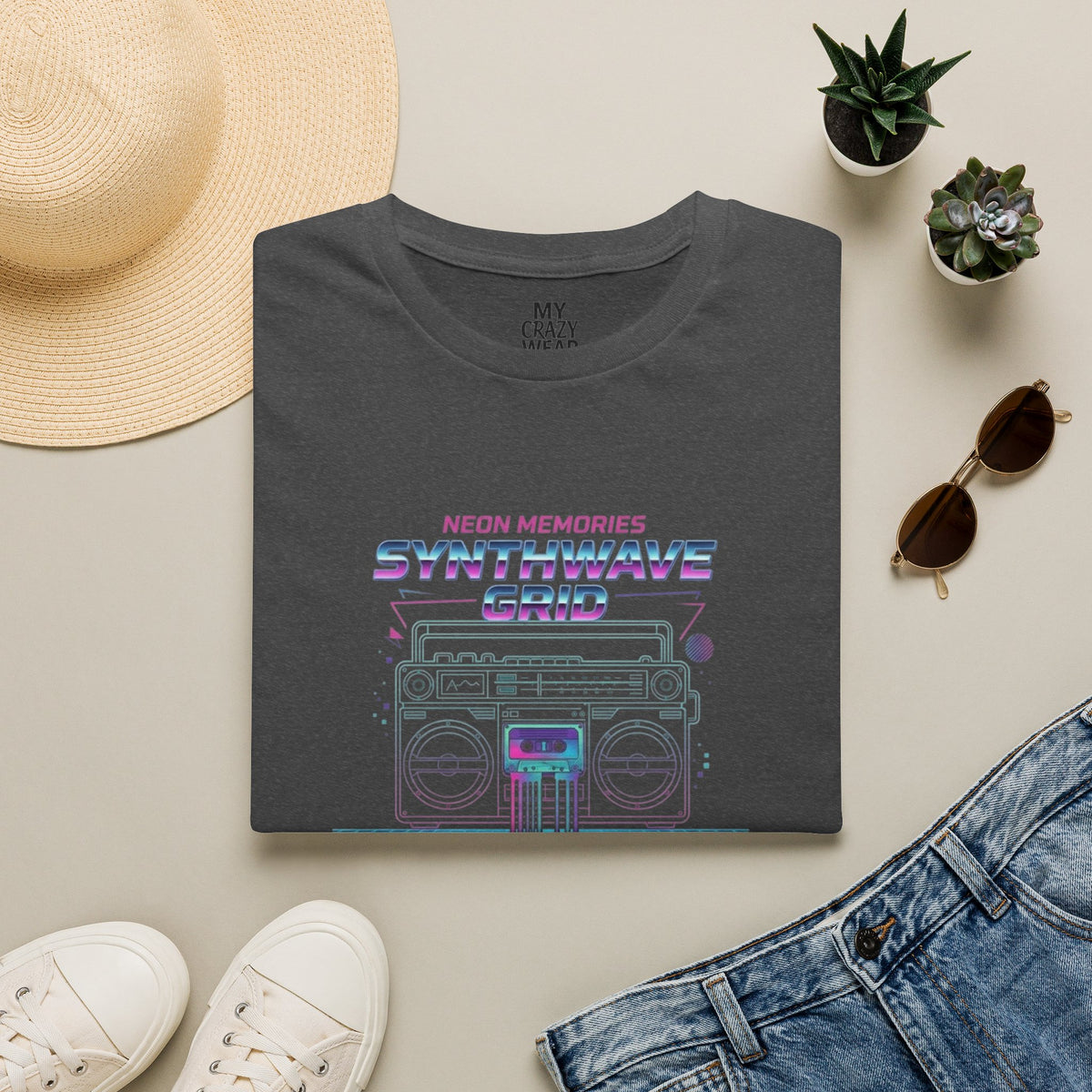 Synthwave Grid T-Shirt — Retro Neon Boombox Tee ("Neon Memories")