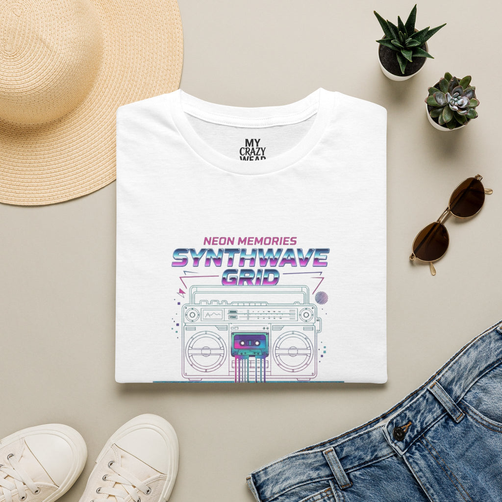 Synthwave Grid T-Shirt — Retro Neon Boombox Tee ("Neon Memories")