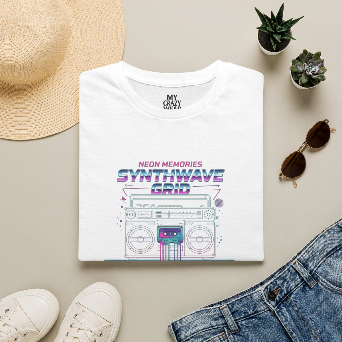 Synthwave Grid T-Shirt — Retro Neon Boombox Tee ("Neon Memories")