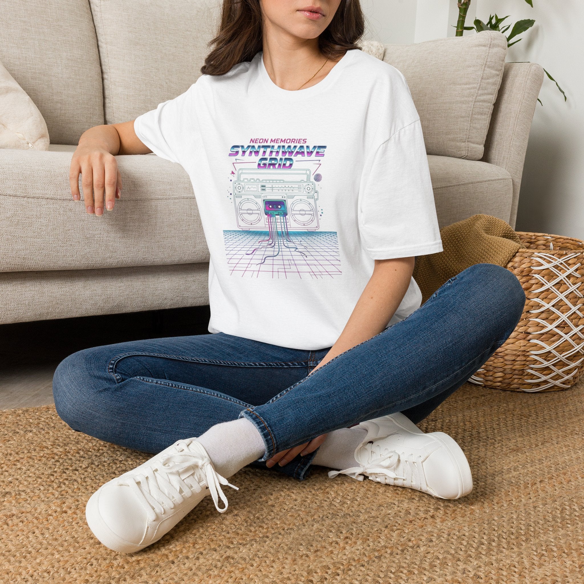 Synthwave Grid T-Shirt — Retro Neon Boombox Tee ("Neon Memories")