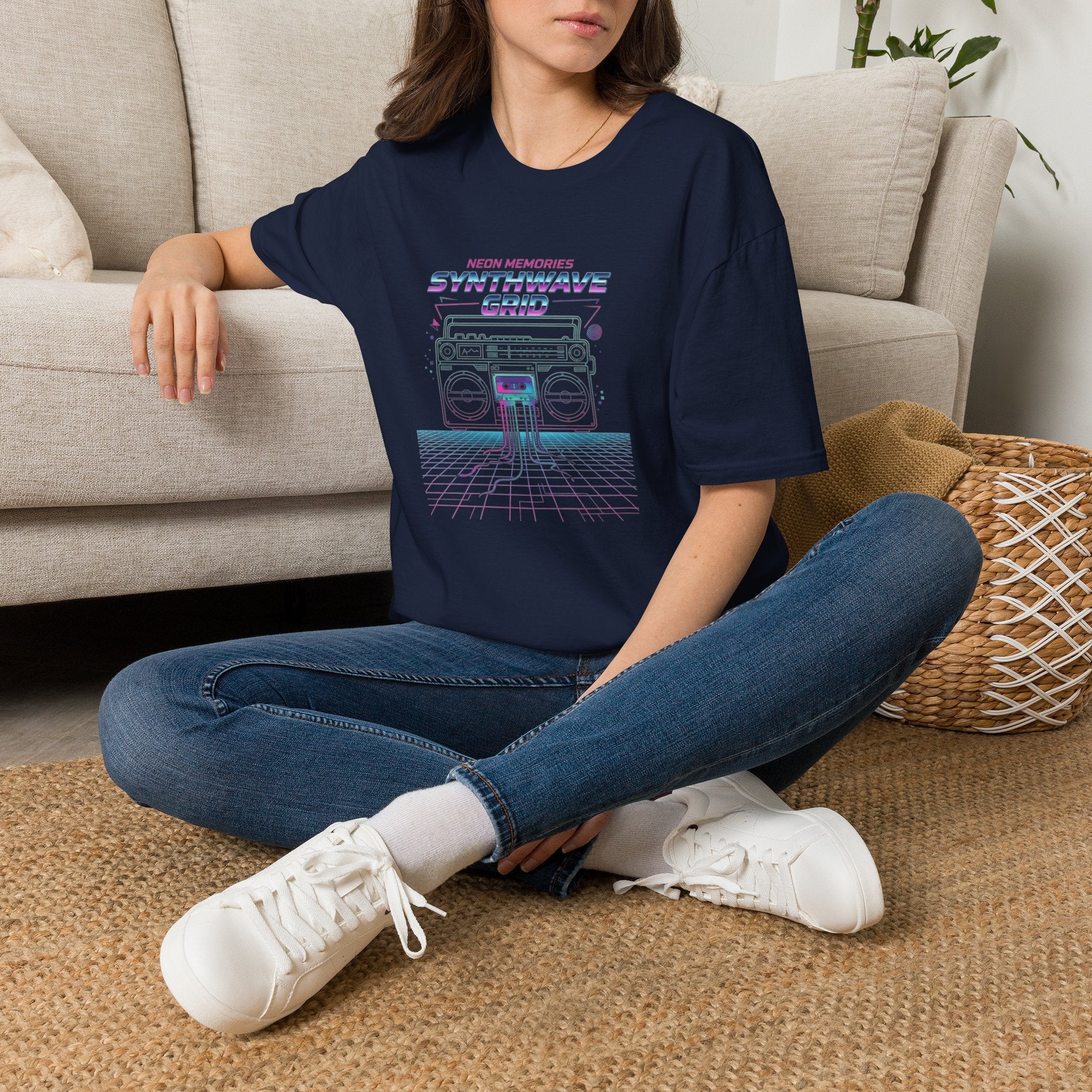 Synthwave Grid T-Shirt — Retro Neon Boombox Tee ("Neon Memories")