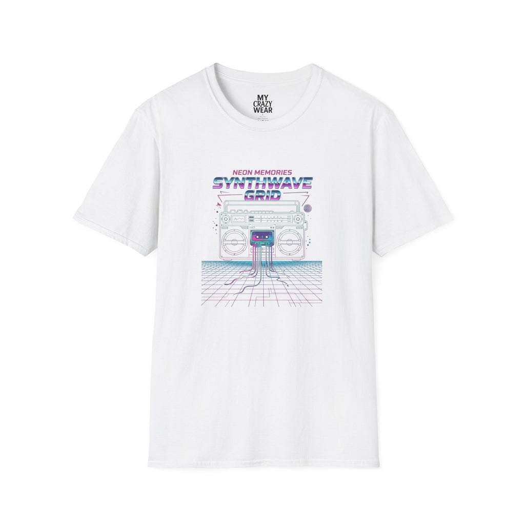 Synthwave Grid T-Shirt — Retro Neon Boombox Tee ("Neon Memories")
