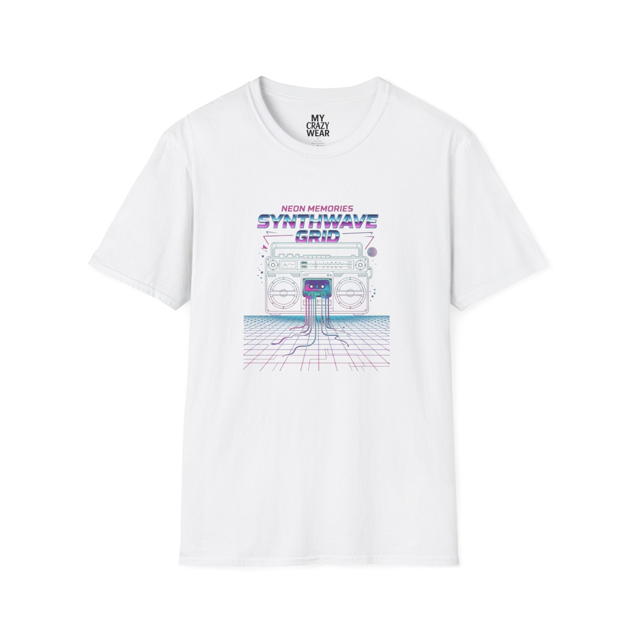 Synthwave Grid T-Shirt — Retro Neon Boombox Tee ("Neon Memories")
