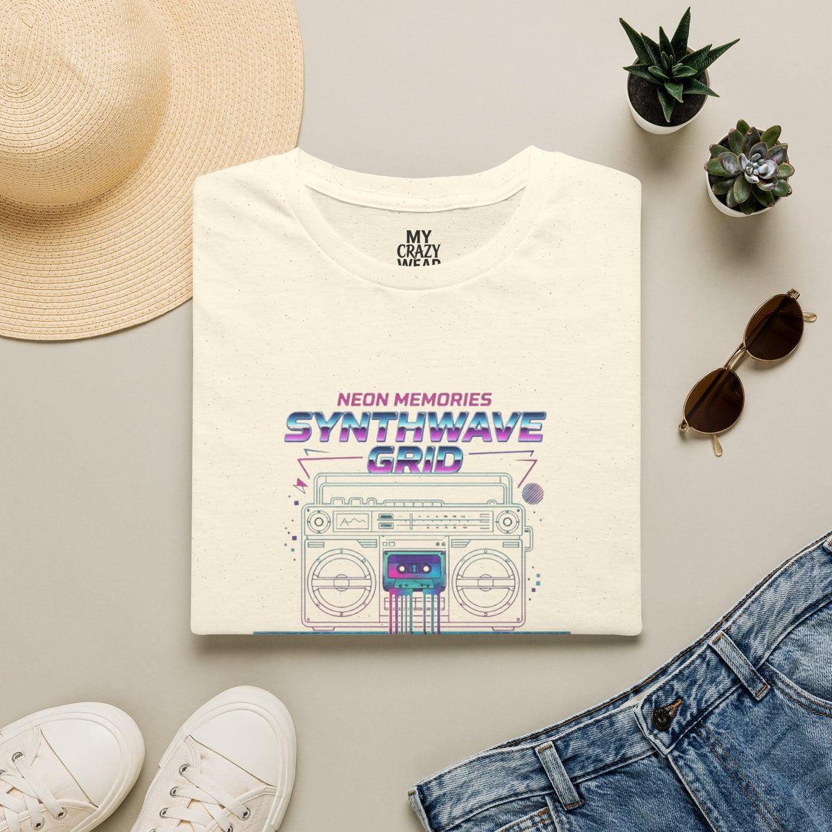 Synthwave Grid T-Shirt — Retro Neon Boombox Tee ("Neon Memories")