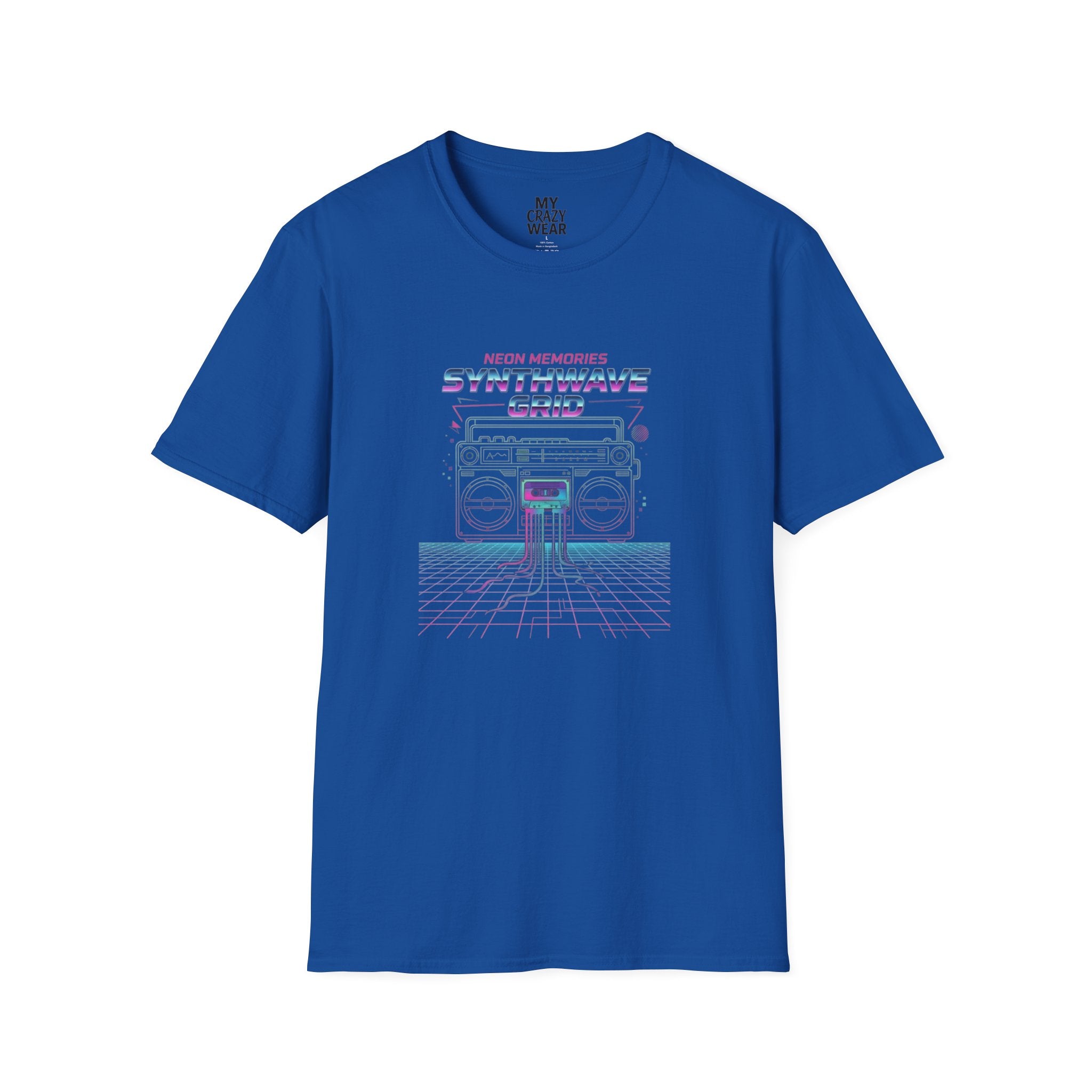 Synthwave Grid T-Shirt — Retro Neon Boombox Tee ("Neon Memories")