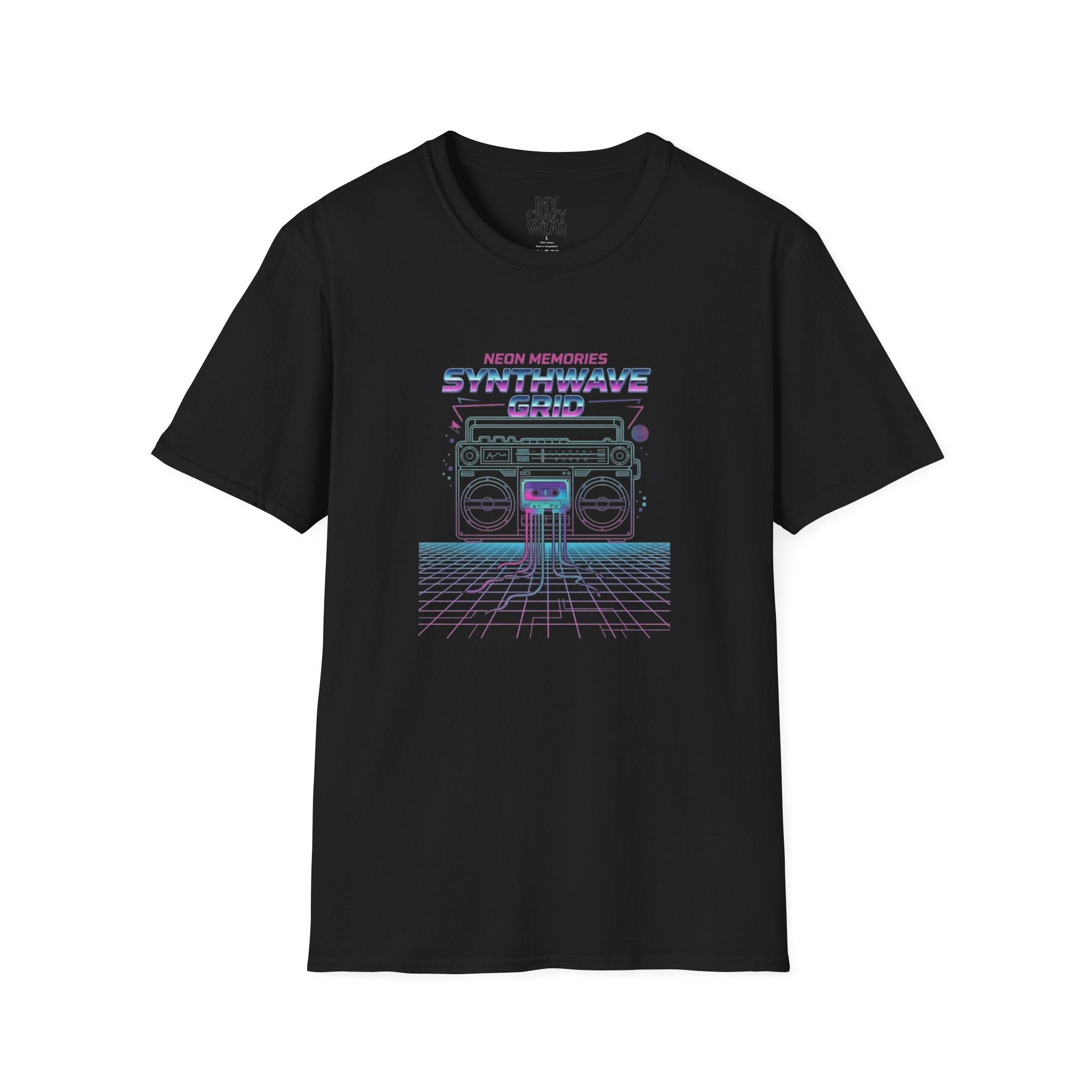 Synthwave Grid T-Shirt — Retro Neon Boombox Tee ("Neon Memories")