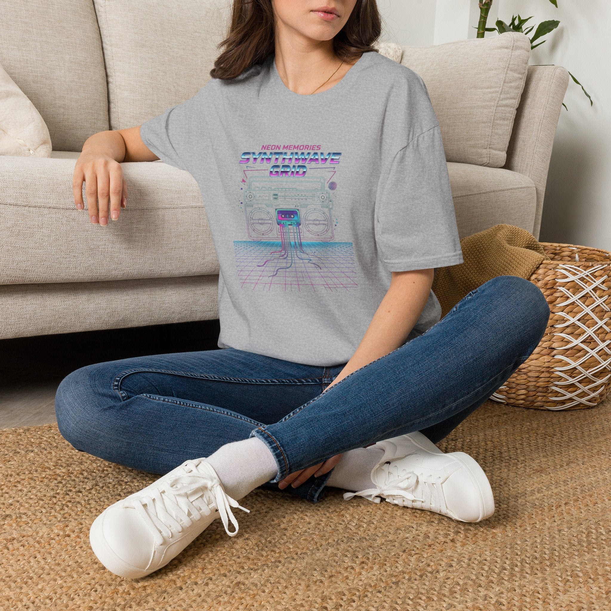Synthwave Grid T-Shirt — Retro Neon Boombox Tee ("Neon Memories")