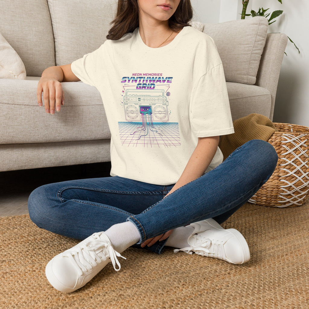 Synthwave Grid T-Shirt — Retro Neon Boombox Tee ("Neon Memories")