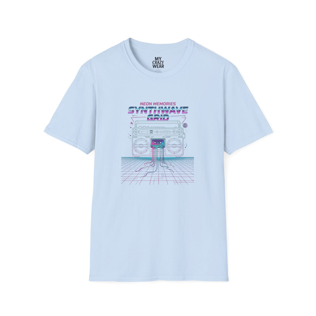 Synthwave Grid T-Shirt — Retro Neon Boombox Tee ("Neon Memories")