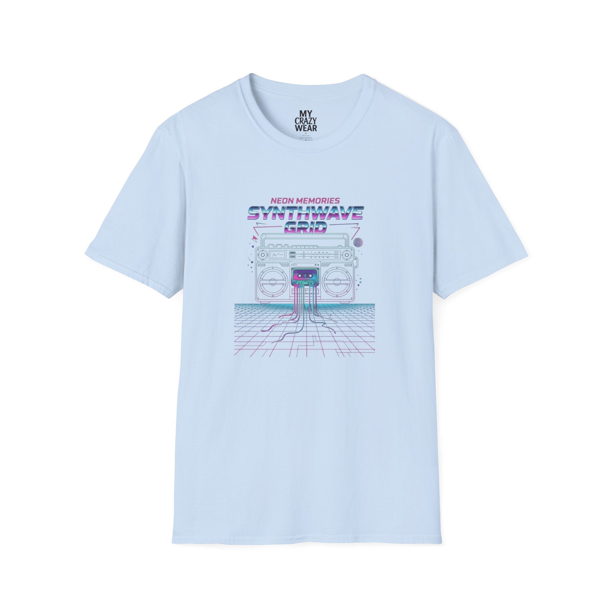 Synthwave Grid T-Shirt — Retro Neon Boombox Tee ("Neon Memories")