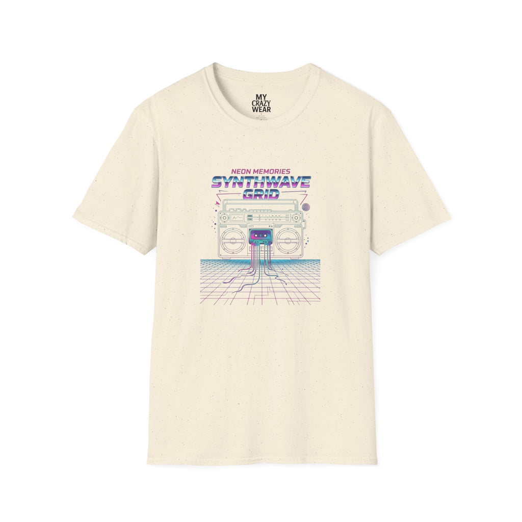 Synthwave Grid T-Shirt — Retro Neon Boombox Tee ("Neon Memories")