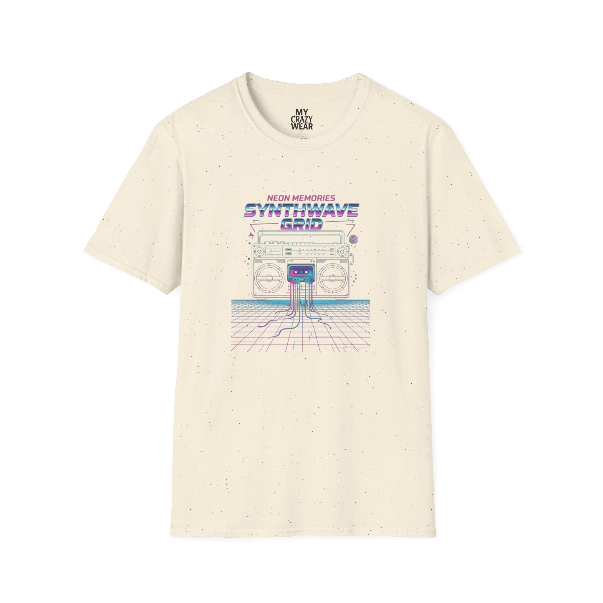 Synthwave Grid T-Shirt — Retro Neon Boombox Tee ("Neon Memories")