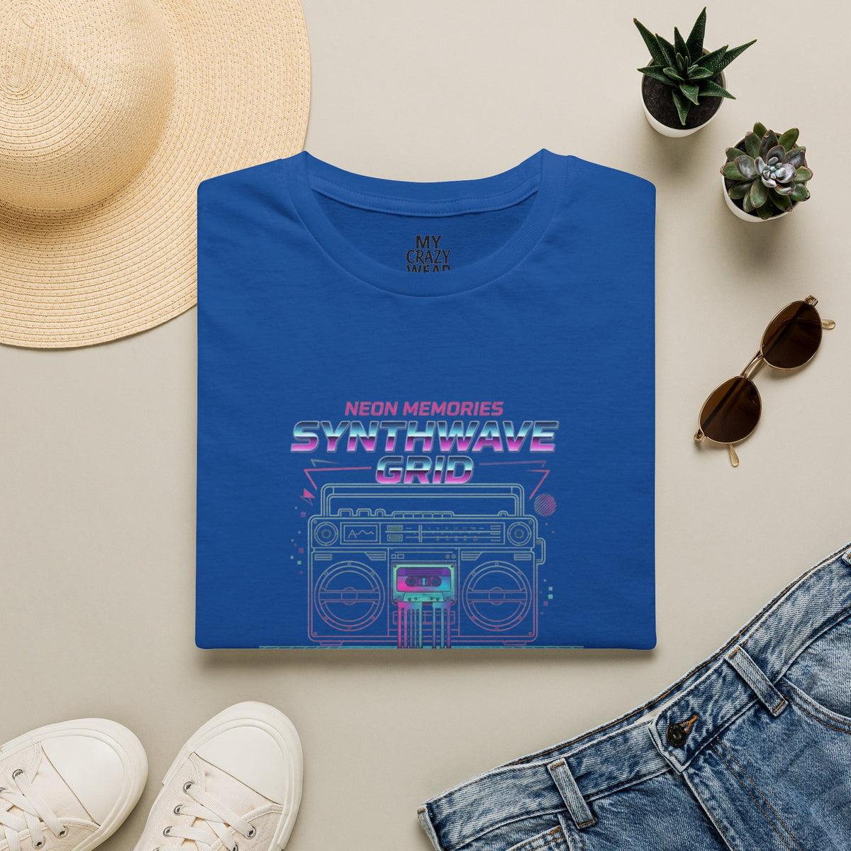 Synthwave Grid T-Shirt — Retro Neon Boombox Tee ("Neon Memories")