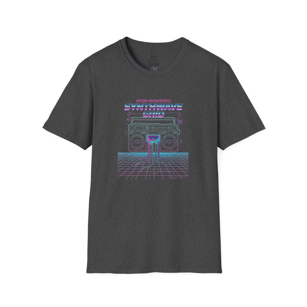 Synthwave Grid T-Shirt — Retro Neon Boombox Tee ("Neon Memories")