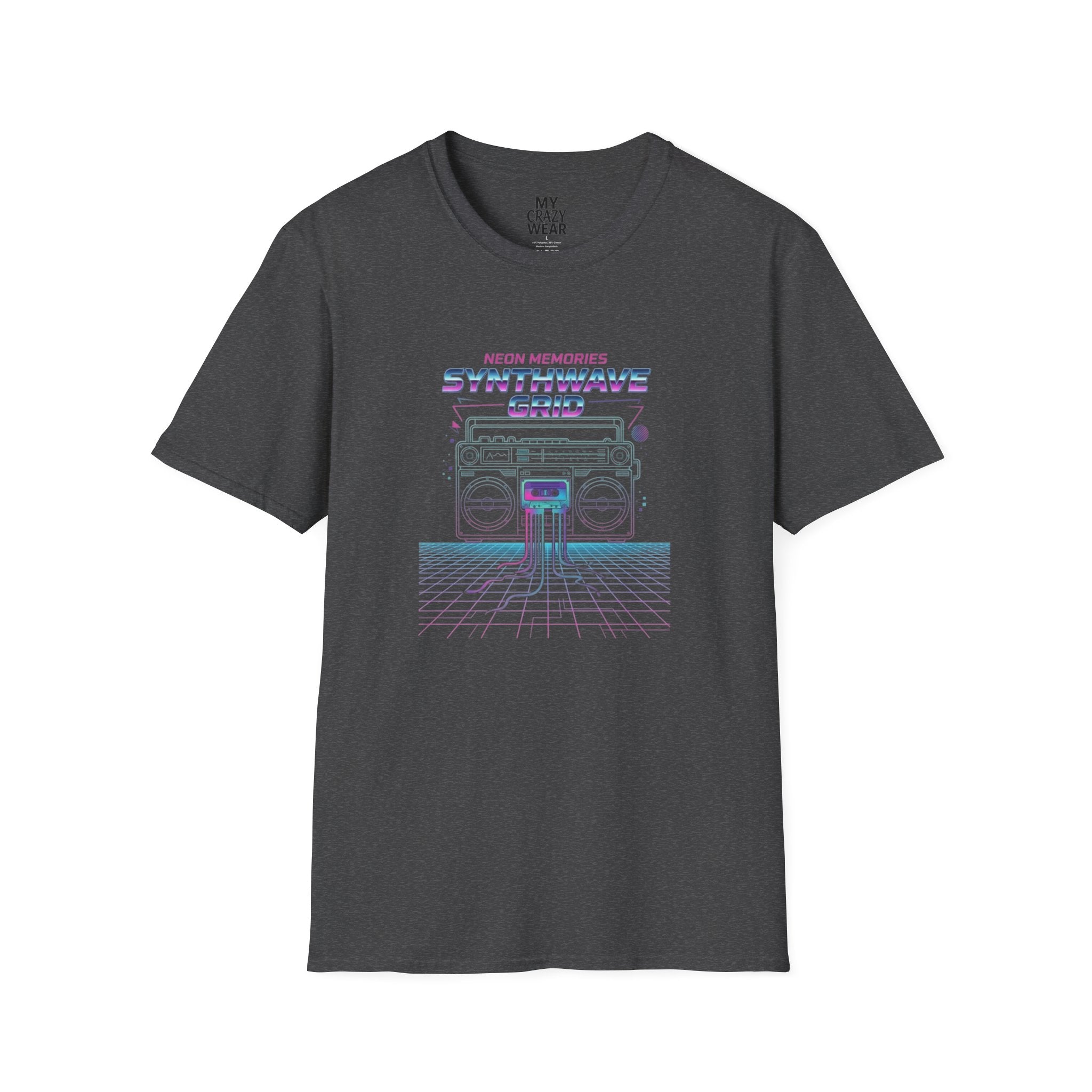 Synthwave Grid T-Shirt — Retro Neon Boombox Tee ("Neon Memories")
