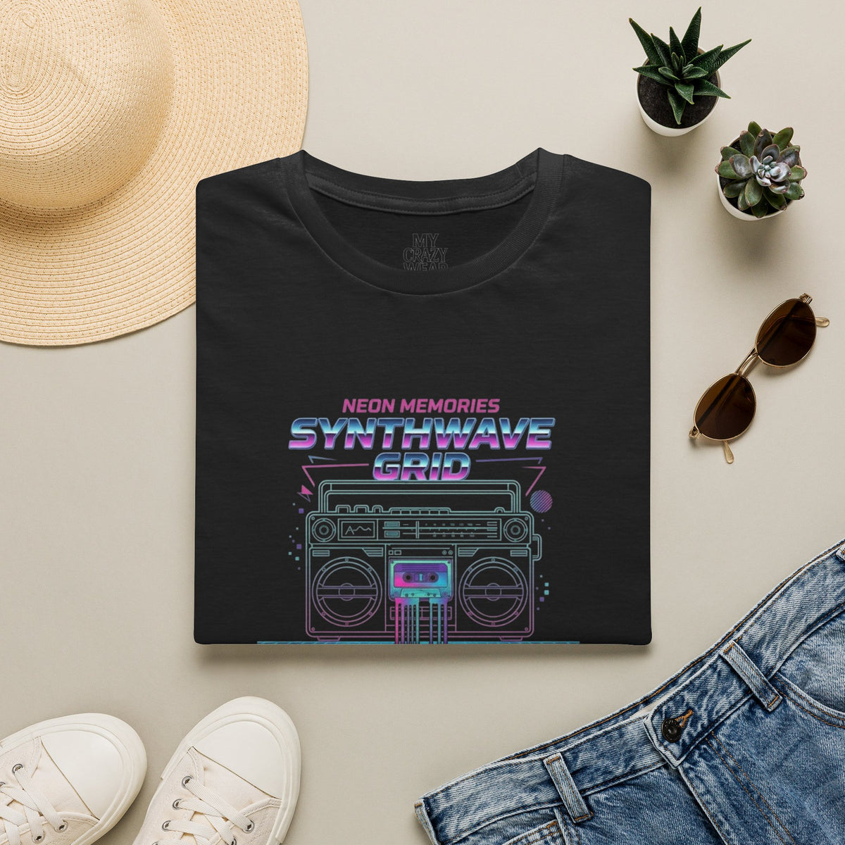 Synthwave Grid T-Shirt — Retro Neon Boombox Tee ("Neon Memories")